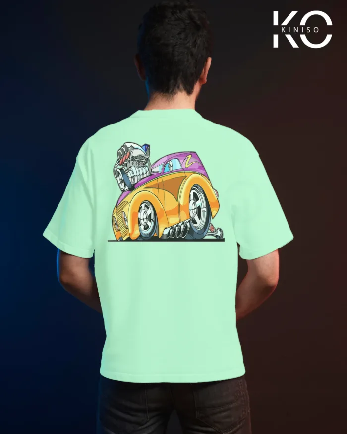 Image of Pastel Mint color drop shoulder t-shirt with Racing Car Engine Print for men at reasonable price